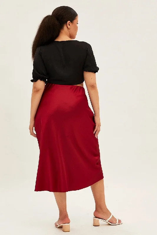 Red Midi Skirt Satin Split Flare