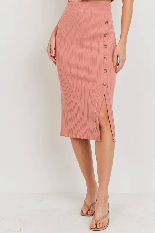 Soft Rib Pointed Button Front Side Midi Skirt In Blush