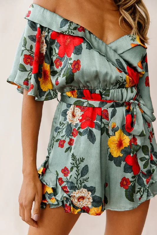 Ambrosia Off-Shoulder Floral Romper Sage