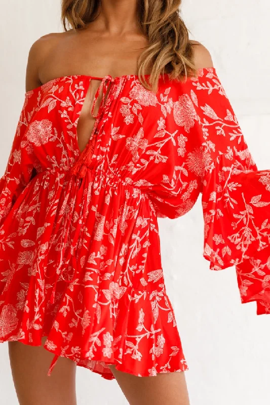 Fiona Drawstring Floral Romper Red