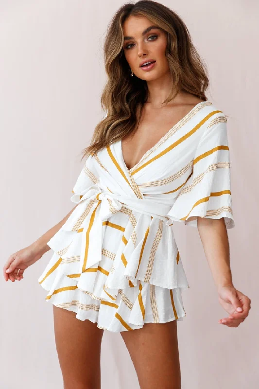 Happy Hour Deep V-Neckline Open Back Romper Stripe Print Mustard