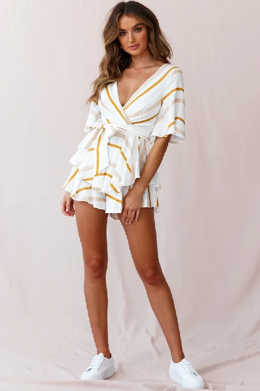 Happy Hour Deep V-Neckline Open Back Romper Stripe Print Mustard