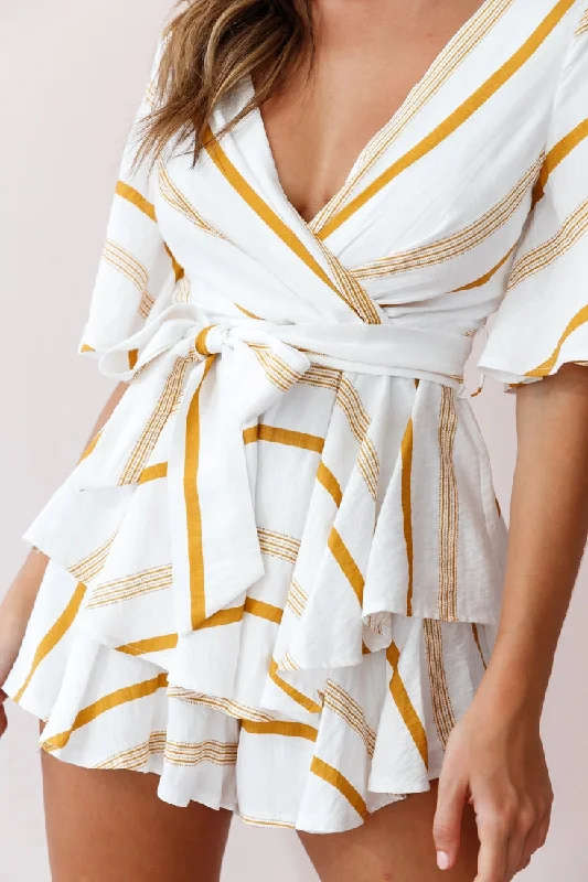 Happy Hour Deep V-Neckline Open Back Romper Stripe Print Mustard