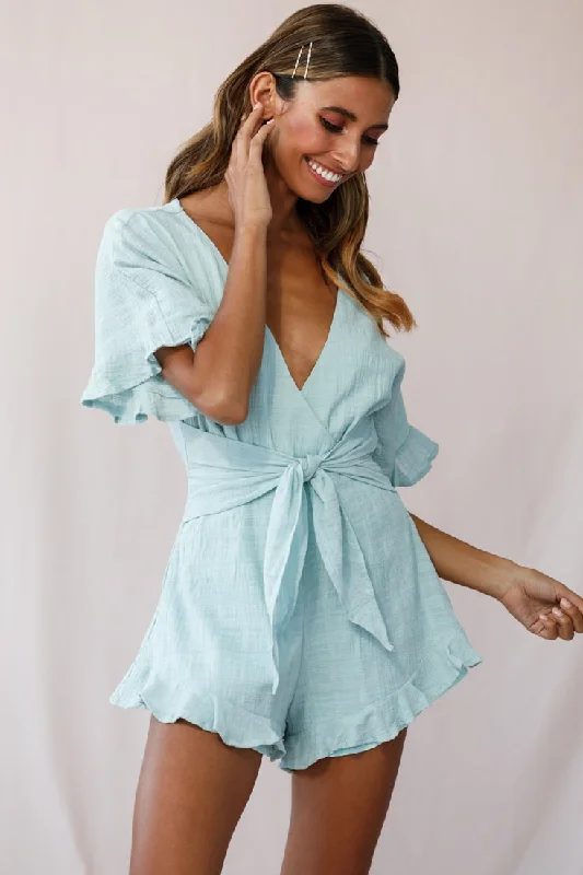 Karin Frill Trim Waist Tie Romper Sage