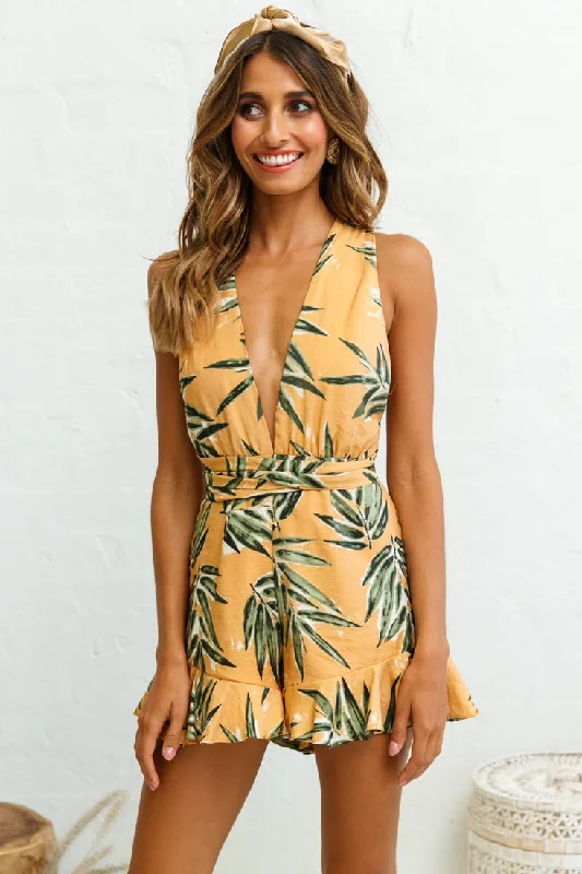 Playa Vista Halterneck Frill Hem Romper Palm Print Sunset