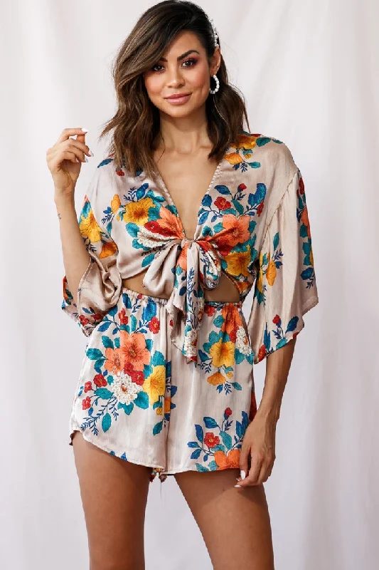 Rivera Tie-Knot Bell Sleeve Romper Mocha