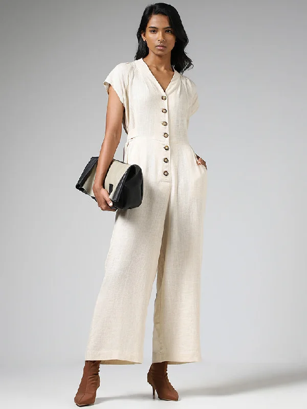 LOV Cream Buttoned Down Jumpsuit