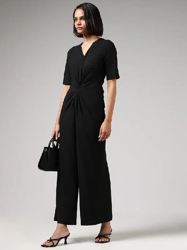 Wardrobe Solid Black V-Neck Jumpsuit