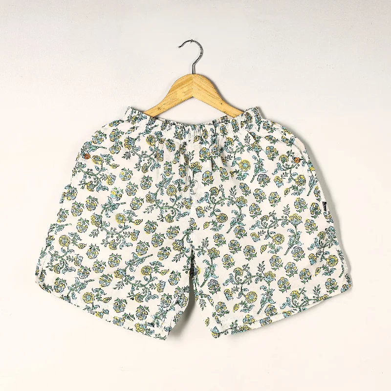 White - Sanganeri Block Printed Cotton Unisex Boxer/Shorts