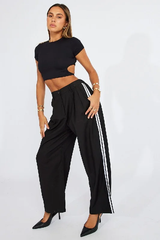 Black Wide Leg Pants Side Stripe