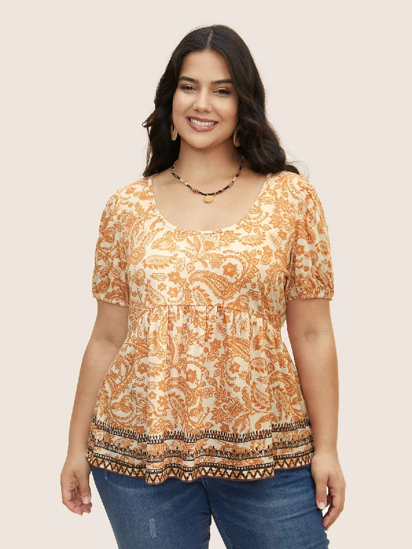 Boho Print Contrast Puff Sleeve T-shirt