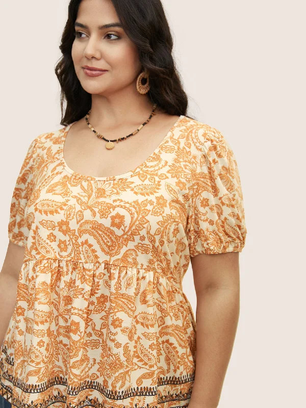 boho-print-contrast-puff-sleeve-t-shirt