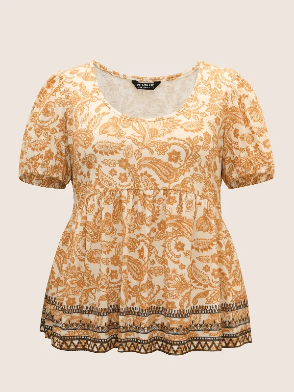 boho-print-contrast-puff-sleeve-t-shirt