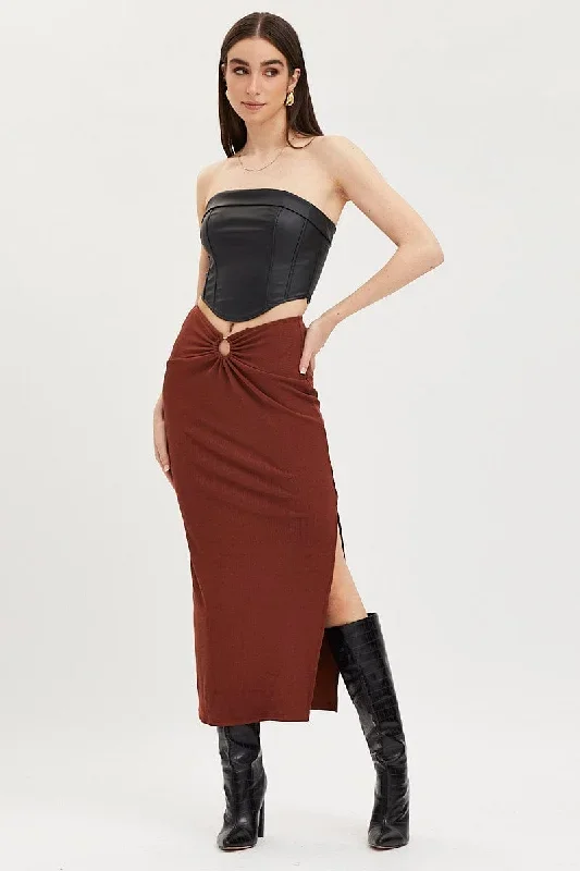 Brown Maxi Skirt High Rise Ring Detial Rib Jersey