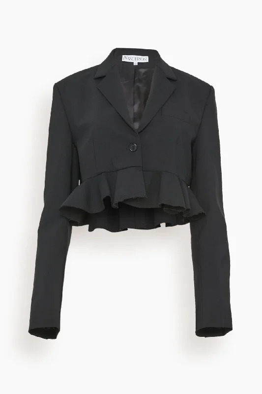 Cropped Ruffled Hem Jacket in Black