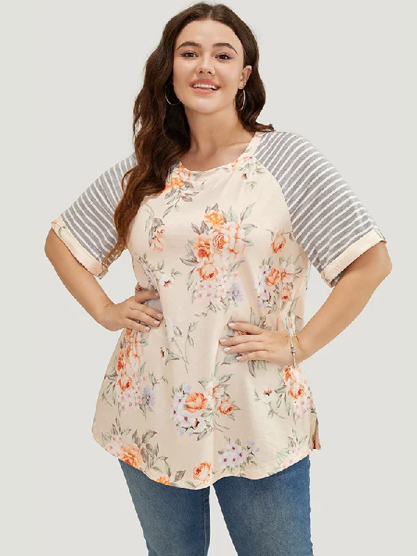 floral-striped-print-patchwork-roll-raglan-sleeve-t-shirt