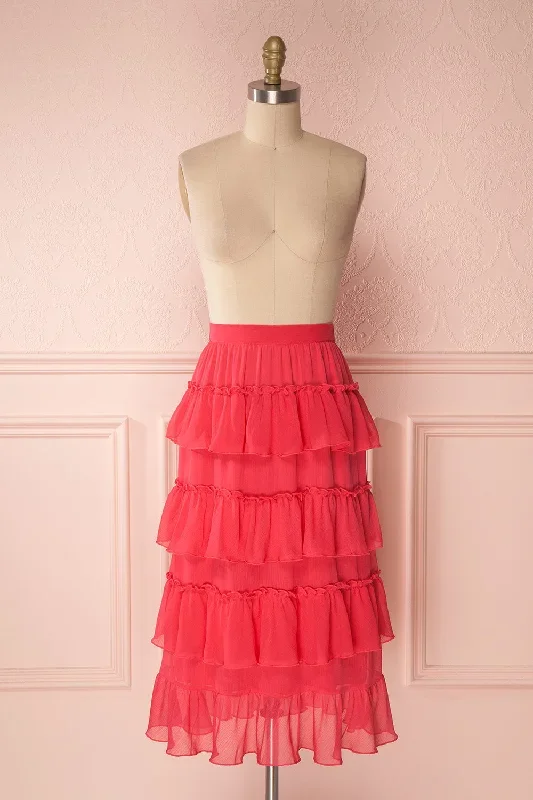 Gova | Red Layered Ruffles Midi Skirt