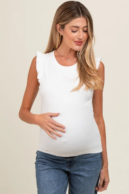 Ivory Ribbed Ruffle Shoulder Maternity Tank Top