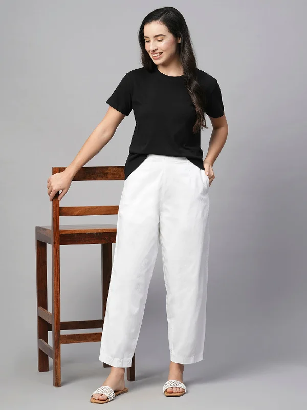 Women's White Cotton Elastane Regular Fit Pant