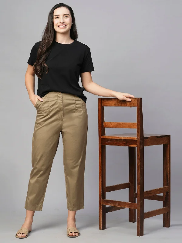 Women's Khaki Cotton Elastane Slim Fit Pant