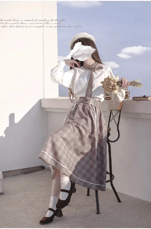 light-coffee-plaid-skirt-french-vintage-lolita-long-sk-set