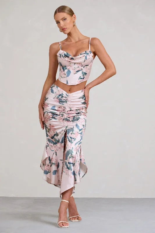 Per Favore | Pink Satin Ruched Split Maxi Skirt