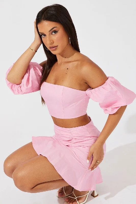 Pink Crop Top Balloon Sleeve Bardot Shoulder