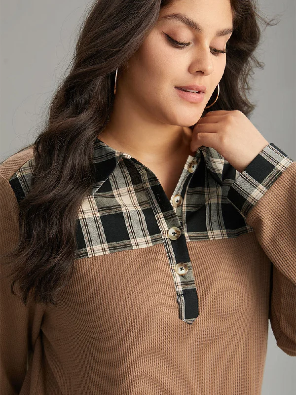 plaid-patchwork-polo-waffle-knit-button-up-t-shirt