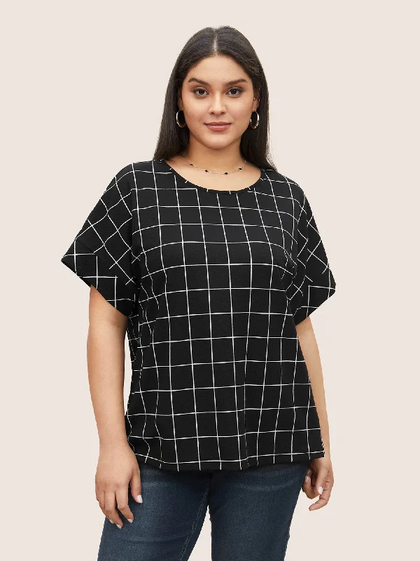 Plaid Round Neck Batwing Sleeve T-shirt