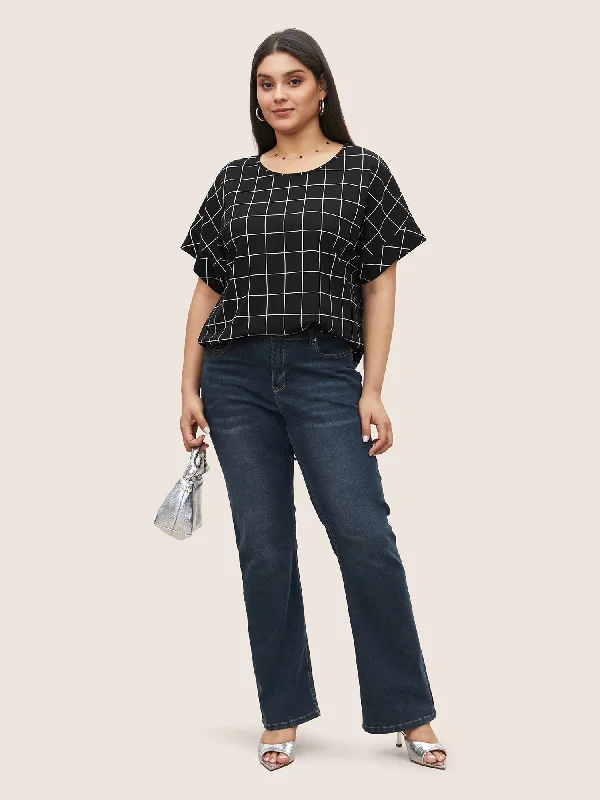 plaid-round-neck-batwing-sleeve-t-shirt