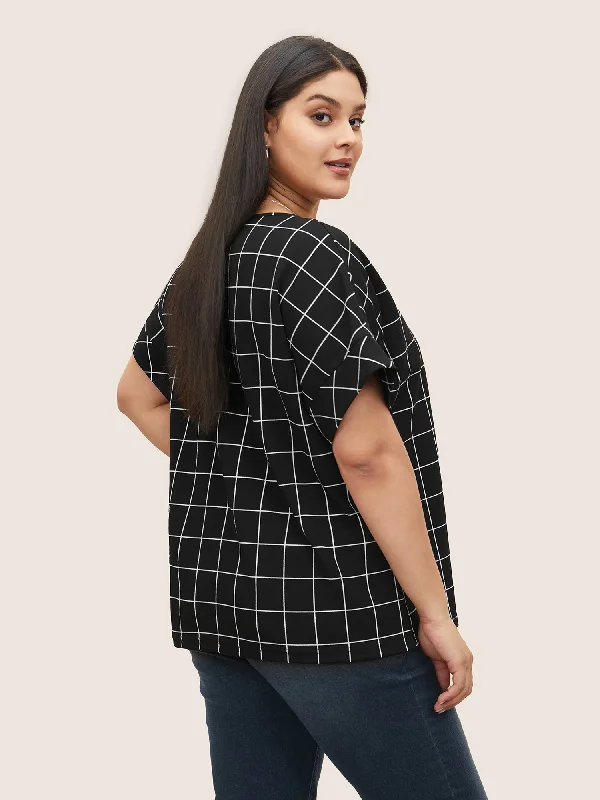 plaid-round-neck-batwing-sleeve-t-shirt