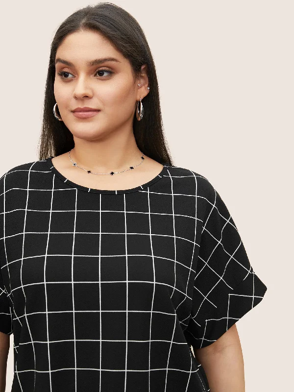 plaid-round-neck-batwing-sleeve-t-shirt