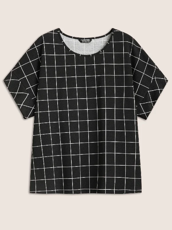 plaid-round-neck-batwing-sleeve-t-shirt