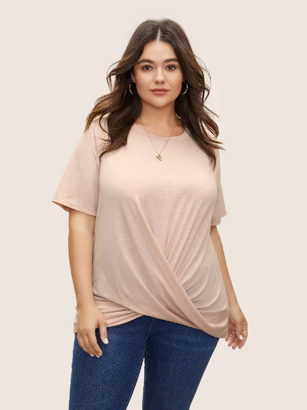 Plain Crew Neck Twist Front Gathered T-shirt