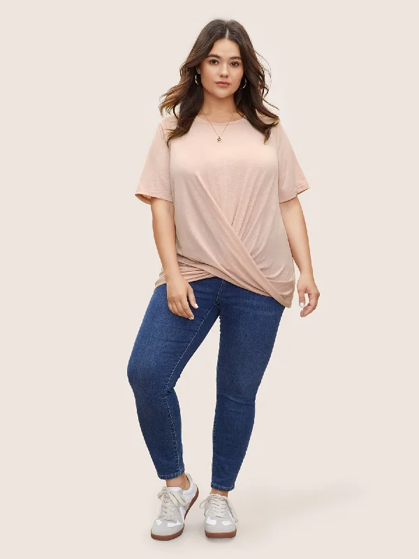 plain-crew-neck-twist-front-gathered-t-shirt