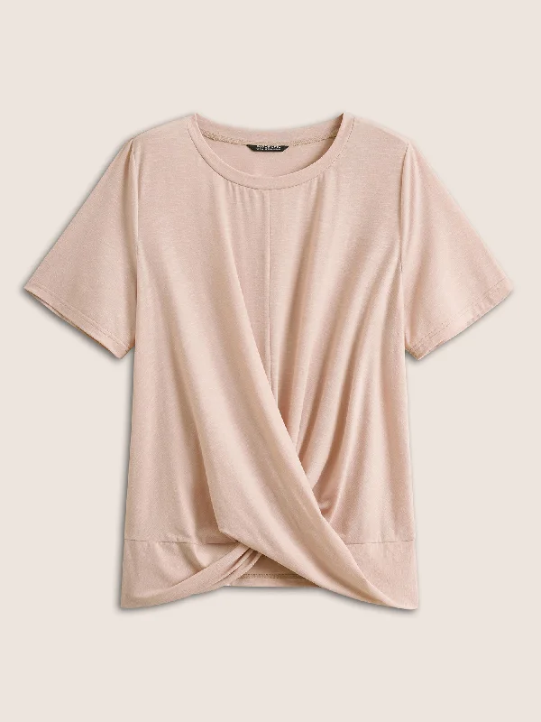 plain-crew-neck-twist-front-gathered-t-shirt