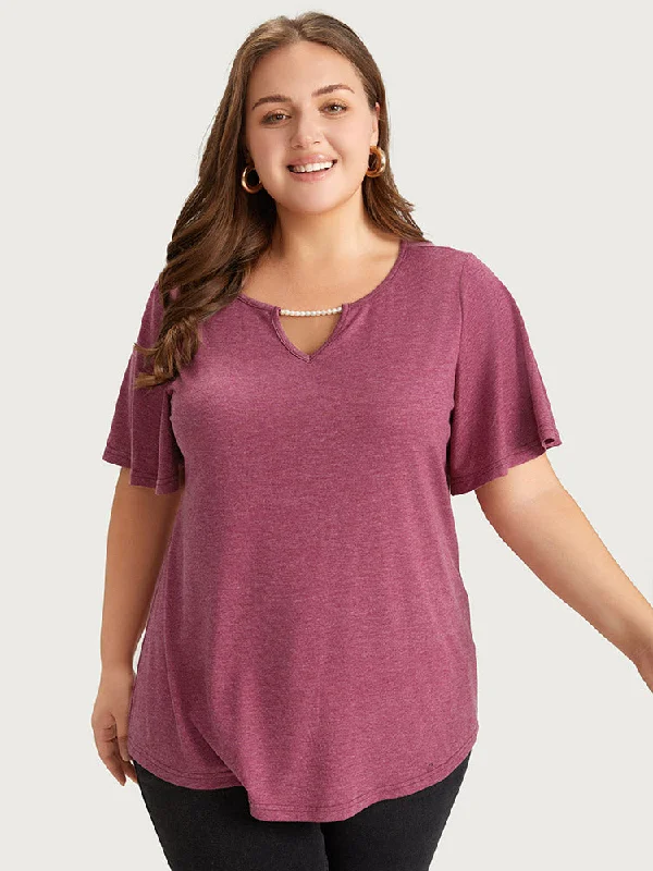 plain-keyhole-pearl-beaded-flutter-sleeve-t-shirt