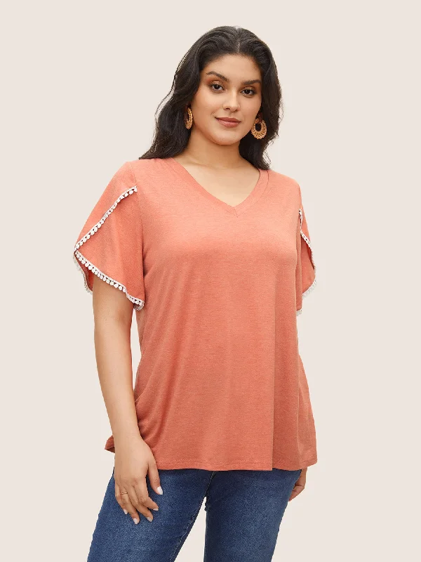 Plain Pompom Trim Petal Sleeve T-shirt