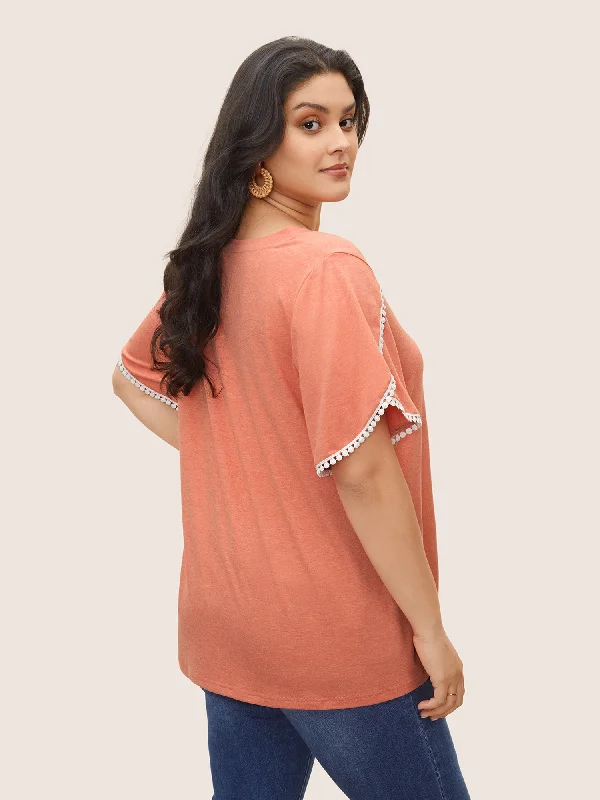 plain-pompom-trim-petal-sleeve-t-shirt