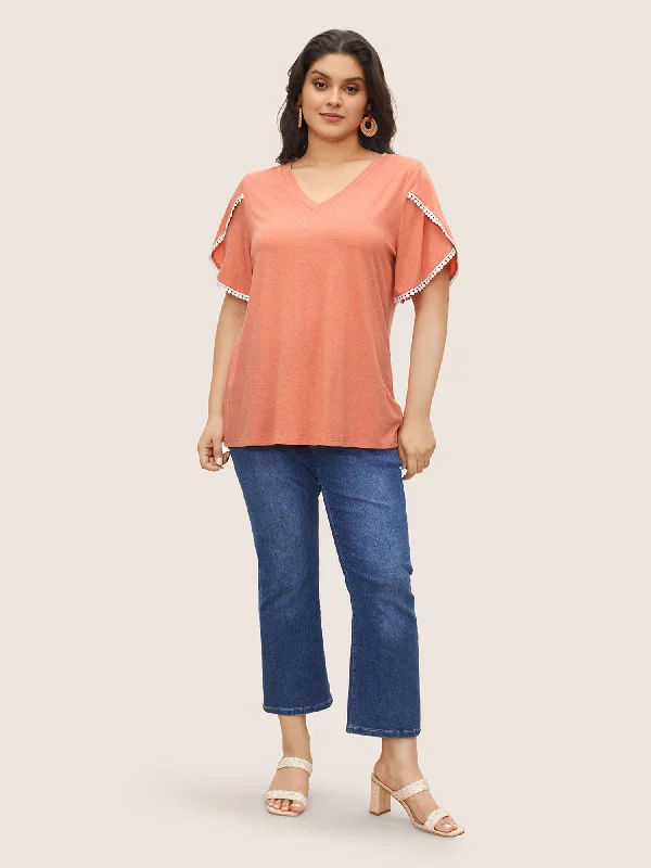 plain-pompom-trim-petal-sleeve-t-shirt