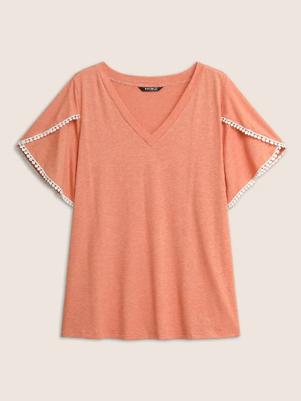 plain-pompom-trim-petal-sleeve-t-shirt