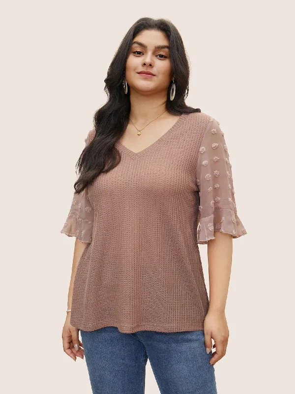 Plain Waffle Knit Patchwork Chiffon Flutter Sleeve T-shirt