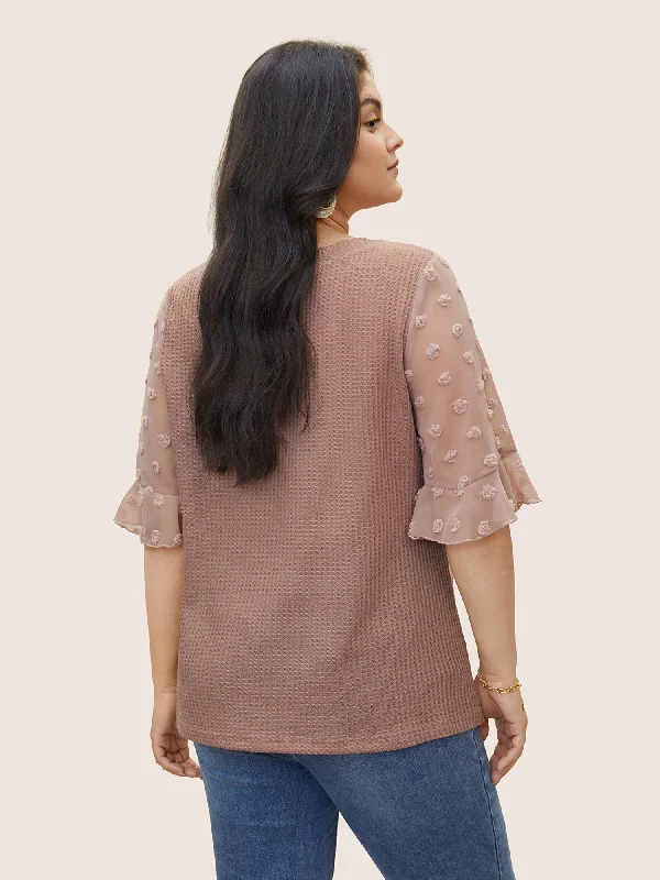 plain-waffle-knit-patchwork-chiffon-flutter-sleeve-t-shirt