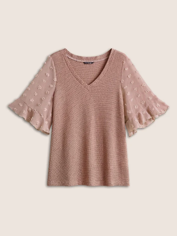 plain-waffle-knit-patchwork-chiffon-flutter-sleeve-t-shirt