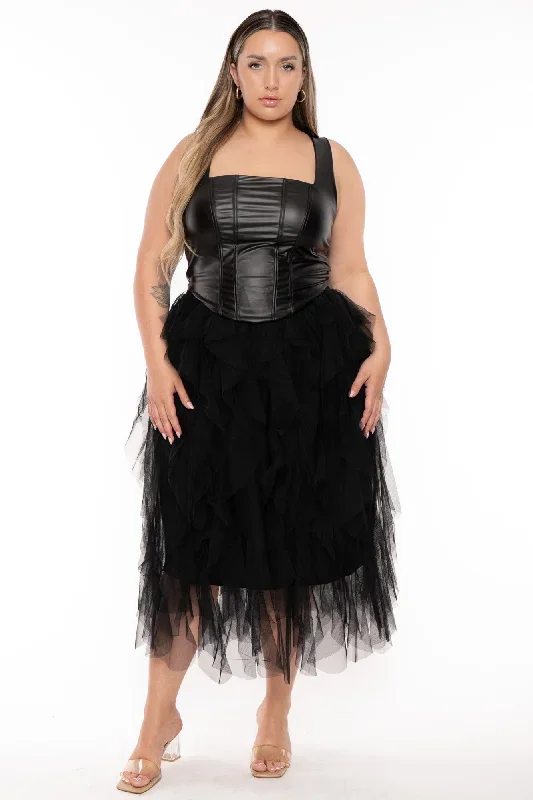 Plus Size Ballerina Layered Mesh Midi Skirt - Black