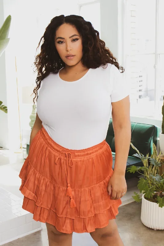 Plus Size Drawstring Tiered Mini Skirt- Peach