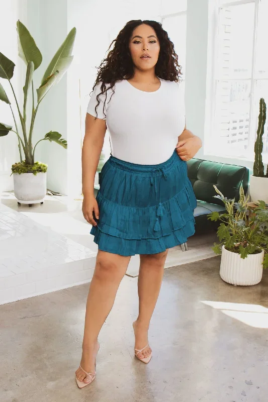 Plus Size Drawstring Tiered Mini Skirt- Teal