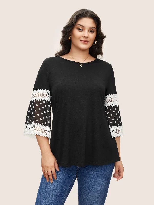 Polka Dot Patchwork Lace Panel Bell Sleeve T-shirt