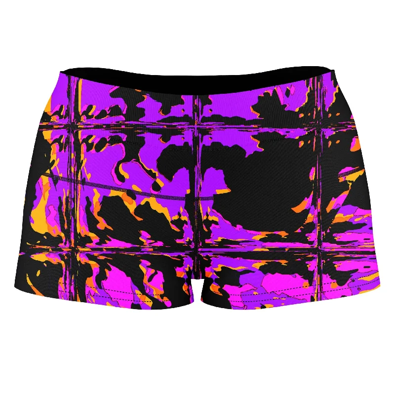 Purple Blackout Rave Glitch High-Waisted Women's Shorts