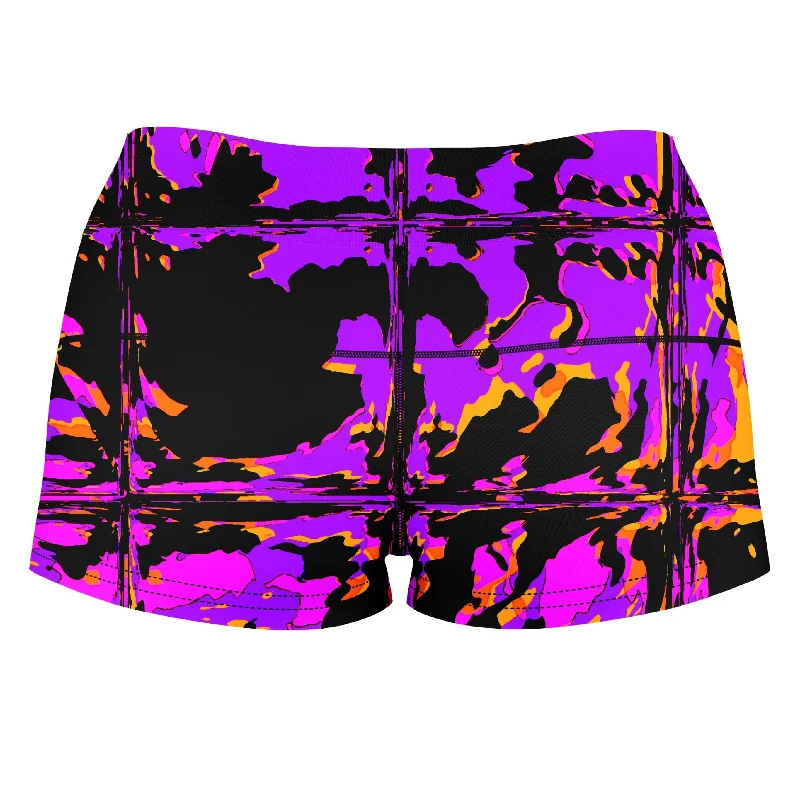 purple-blackout-rave-glitch-high-waisted-womens-shorts